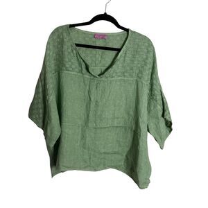 Marisima Linen Embroidered Split Neck Short Sleeve Blouse Green One Size